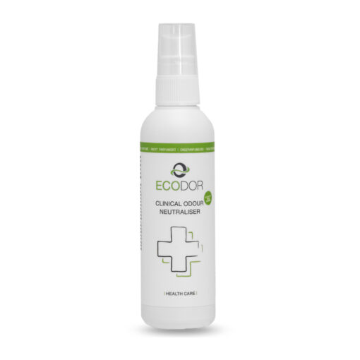 Fles Ecodor EcoClinic 0.1 liter reisformaat, een compacte geurneutralisator voor de gezondheidszorg.