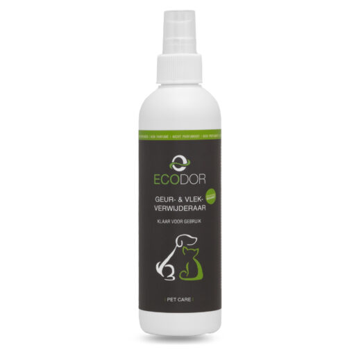 Fles Ecodor Geur en Vlekweg 0.25 liter, een compacte geur- en vlekverwijderaar voor huisdieren.