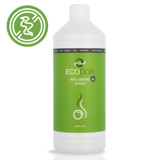 Witte 1 liter navulfles EcoSmoke van Ecodor tegen rooklucht, met een gewone witte dop en een groene sticker met gebruiksaanwijzing en productinformatie op de achterkant. Op de voorkant staan de merknaam Ecodor en EcoSmoke, samen met een afbeelding.