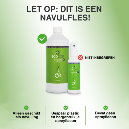 Afbeelding van een EcoSmoke 1-liter navulfles met de tekst: 'Let op: bij aankoop van deze navulfles wordt geen sprayflesje meegeleverd.