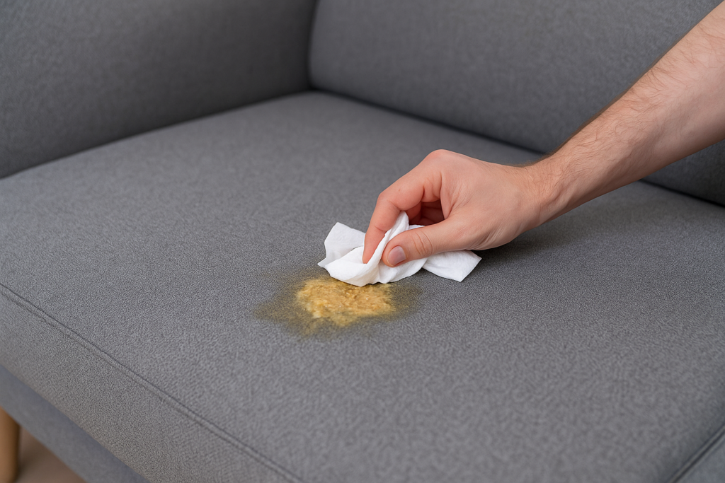 Mano che tampona il vomito su un divano grigio in tessuto con un panno.