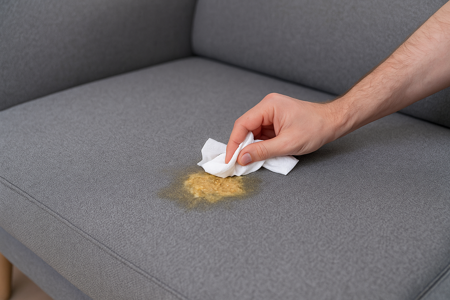 Mano che tampona il vomito su un divano grigio in tessuto con un panno.
