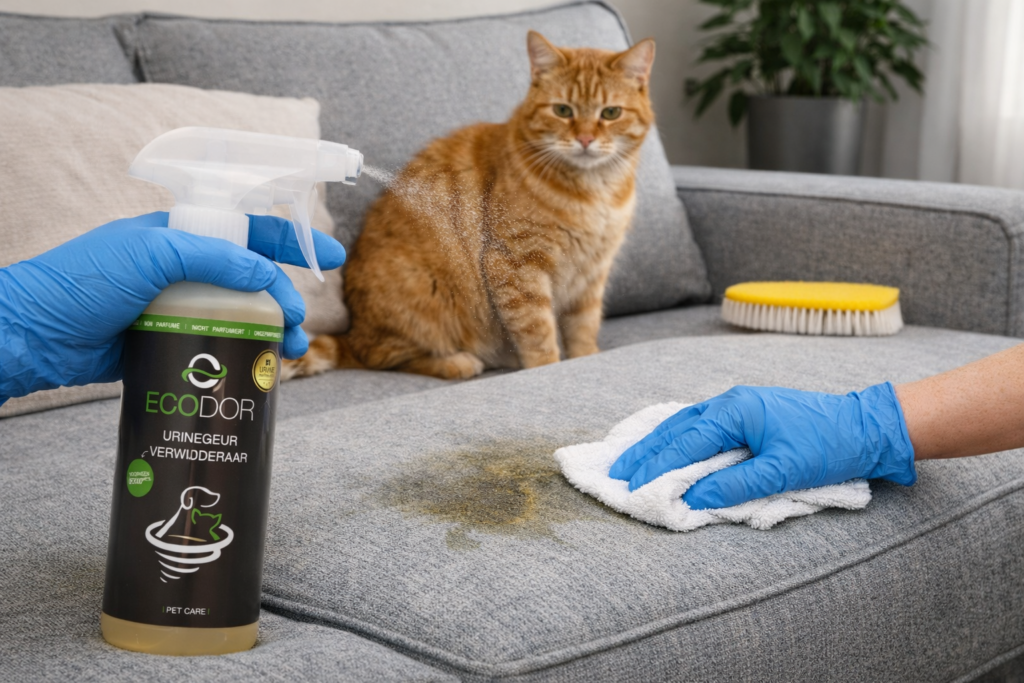 Eliminare l'odore di urina di gatto dal divano con l'eliminatore di odori di urina Ecodor, spray e panno